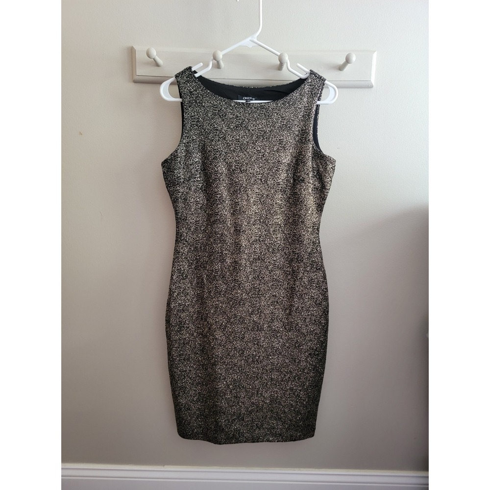 Onyx Nite Womens Metallic Gold Sparkle Sheath Dress Holiday Party Size 6 No shed